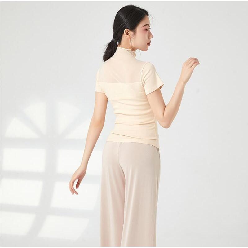 バレエ トップス ダンス 衣装 半袖 ハイネック チュール切替 エレガント レッスン着 Tシャツ ストレッチ 動きやすい ヨガ 古典ダンス 民族ダンス - 画像 (7)