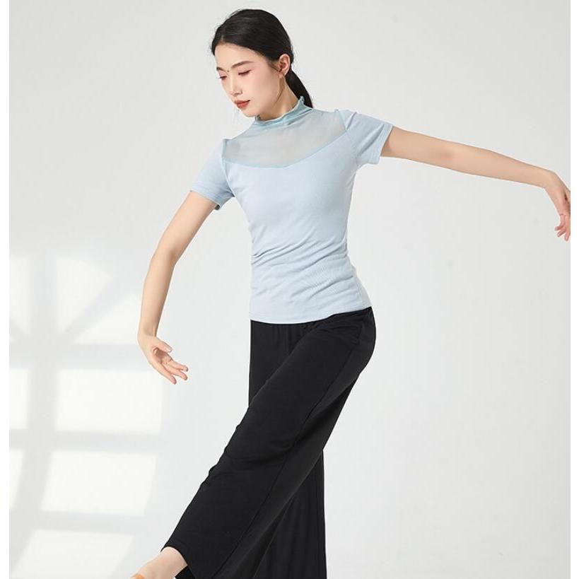 バレエ トップス ダンス 衣装 半袖 ハイネック チュール切替 エレガント レッスン着 Tシャツ ストレッチ 動きやすい ヨガ 古典ダンス 民族ダンス - 画像 (8)