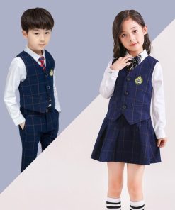 「即納」子供服 制服 スーツ セットアップ キッズ チャック柄 スーツ3点セット ジレベスト 長ズボン 膝丈スカート ワイシャツ (蝶)ネクタイ 学院ユニフォーム