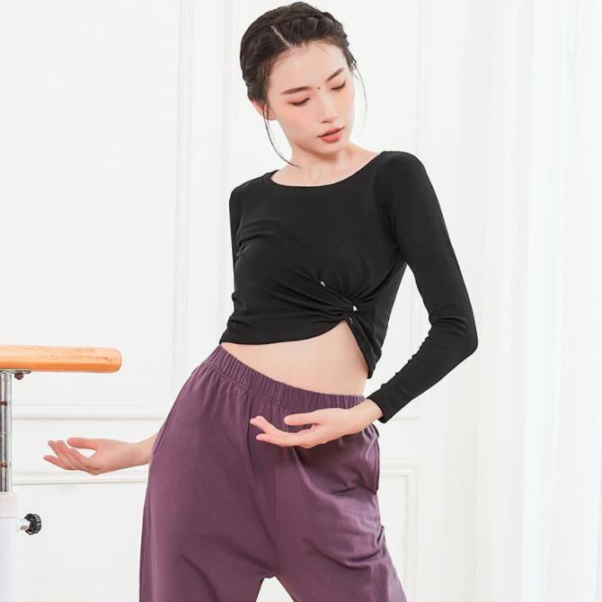 ダンス トップス 長袖 半袖 ストレッチ Tシャツ ショート丈 へそ出し 個性 結び目 無地 伸縮性有り ラテンダンス 古典ダンス バレエ 社交ダンス 練習着 レッスン