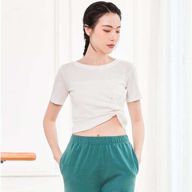 ダンス トップス 長袖 半袖 ストレッチ Tシャツ ショート丈 へそ出し 個性 結び目 無地 伸縮性有り ラテンダンス 古典ダンス バレエ 社交ダンス 練習着 レッスン - 画像 (2)