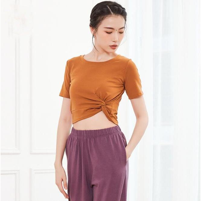 ダンス トップス 長袖 半袖 ストレッチ Tシャツ ショート丈 へそ出し 個性 結び目 無地 伸縮性有り ラテンダンス 古典ダンス バレエ 社交ダンス 練習着 レッスン - 画像 (3)