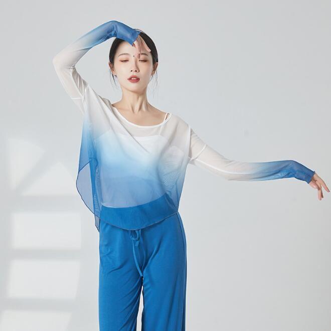 グラデーション ダンス 衣装 長袖 ゆったり 古典舞踊 バレエ ヨガ 社交ダンス 練習着 レッスンウェア 柔らかい 後ろ長い ドルマン Tシャツ ブラウス カジュアル