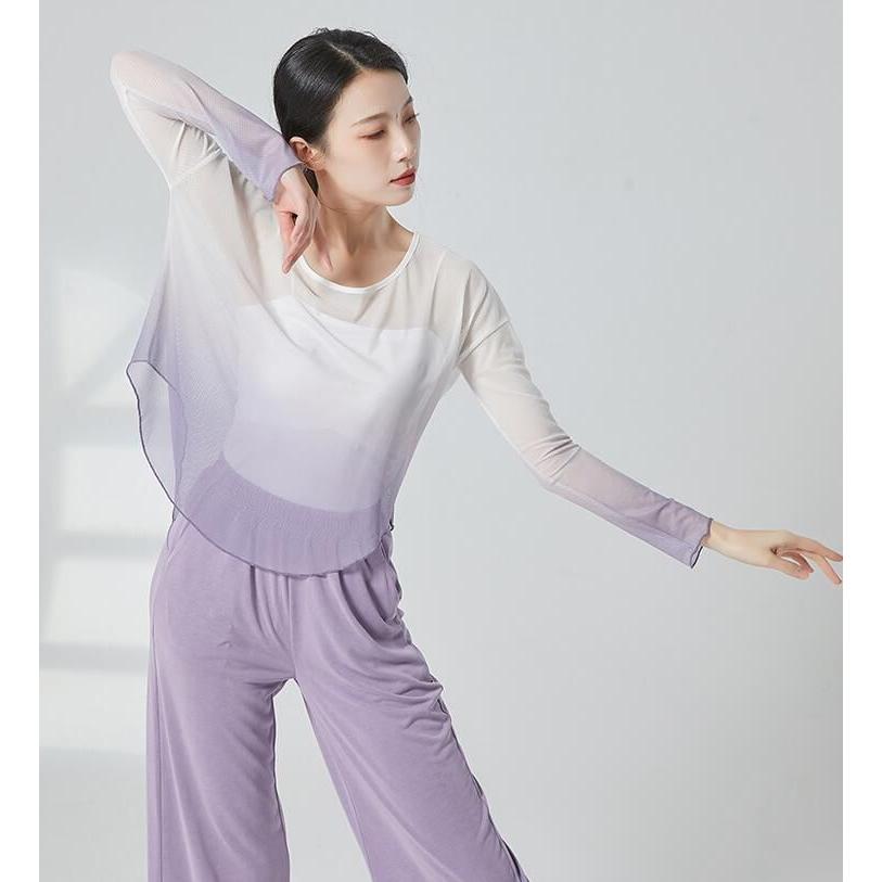 グラデーション ダンス 衣装 長袖 ゆったり 古典舞踊 バレエ ヨガ 社交ダンス 練習着 レッスンウェア 柔らかい 後ろ長い ドルマン Tシャツ ブラウス カジュアル - 画像 (2)