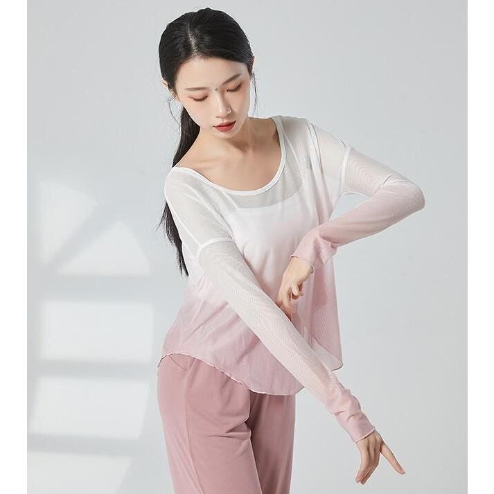 グラデーション ダンス 衣装 長袖 ゆったり 古典舞踊 バレエ ヨガ 社交ダンス 練習着 レッスンウェア 柔らかい 後ろ長い ドルマン Tシャツ ブラウス カジュアル - 画像 (3)