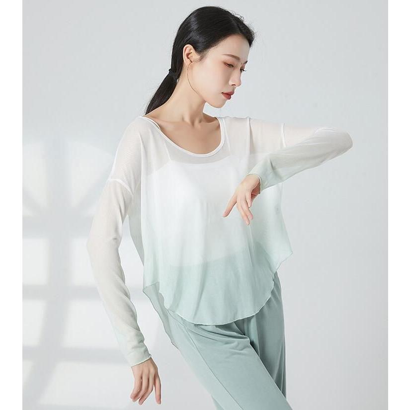 グラデーション ダンス 衣装 長袖 ゆったり 古典舞踊 バレエ ヨガ 社交ダンス 練習着 レッスンウェア 柔らかい 後ろ長い ドルマン Tシャツ ブラウス カジュアル - 画像 (4)