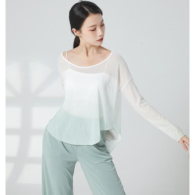 グラデーション ダンス 衣装 長袖 ゆったり 古典舞踊 バレエ ヨガ 社交ダンス 練習着 レッスンウェア 柔らかい 後ろ長い ドルマン Tシャツ ブラウス カジュアル - 画像 (5)