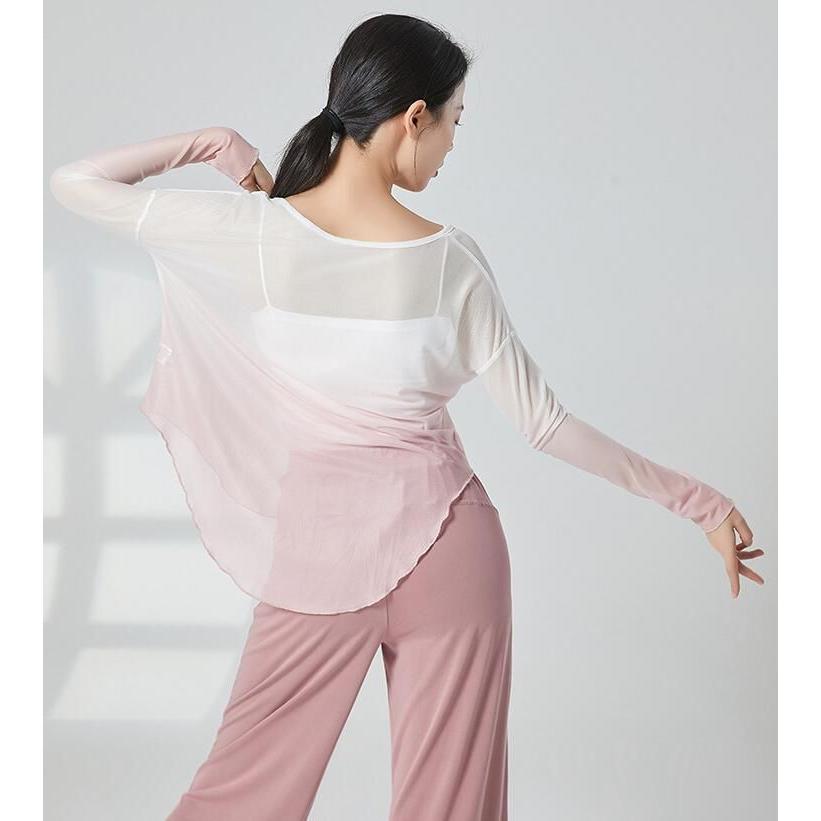 グラデーション ダンス 衣装 長袖 ゆったり 古典舞踊 バレエ ヨガ 社交ダンス 練習着 レッスンウェア 柔らかい 後ろ長い ドルマン Tシャツ ブラウス カジュアル - 画像 (6)