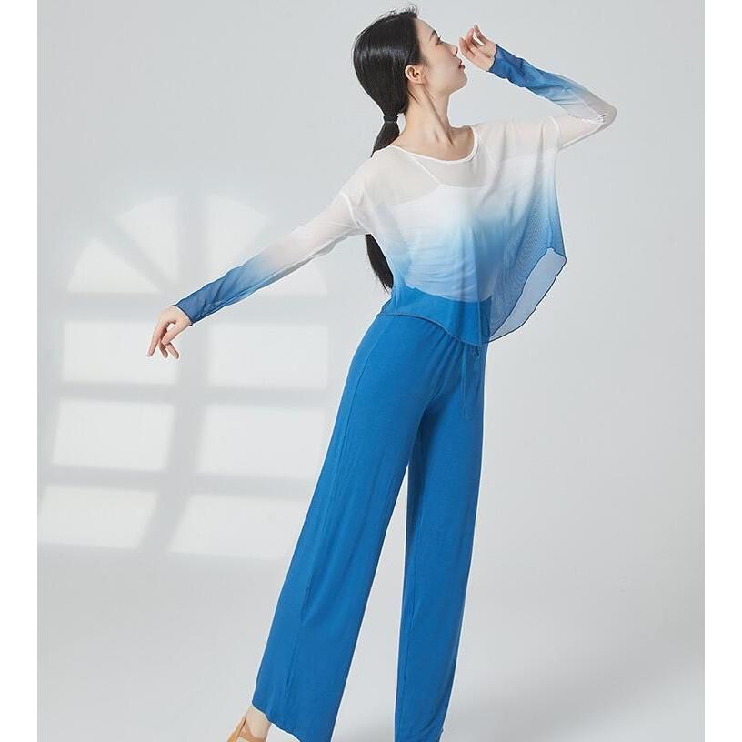 グラデーション ダンス 衣装 長袖 ゆったり 古典舞踊 バレエ ヨガ 社交ダンス 練習着 レッスンウェア 柔らかい 後ろ長い ドルマン Tシャツ ブラウス カジュアル - 画像 (7)