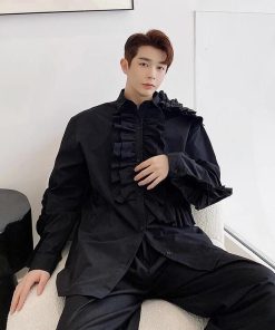 フリル シャツ ステージ衣装 舞台衣装 メンズ 長袖 ミドル丈 ブラウス 欧米 中世期 レトロ ラグジュアリー モード系 ロック バンド ダンス衣装 肩