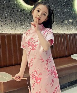 子供 チャイナドレス ショート丈 半袖 梅柄 新年 パーティードレス 発表会 演奏会 ドレス ワンピース チャイナ かわいい コスプレ ハロウ