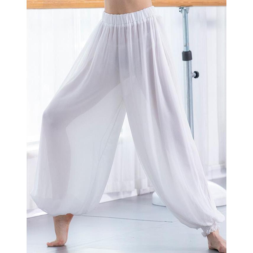 ヨガパンツ ダンス 練習着 レッスン着 ゆったり ちょうちんパンツ 裾リブ 透け感 パンツ ロング フィットネスウェア 太極拳 運動 スポーツ - 画像 (2)