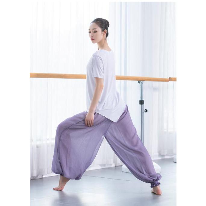 ヨガパンツ ダンス 練習着 レッスン着 ゆったり ちょうちんパンツ 裾リブ 透け感 パンツ ロング フィットネスウェア 太極拳 運動 スポーツ - 画像 (3)