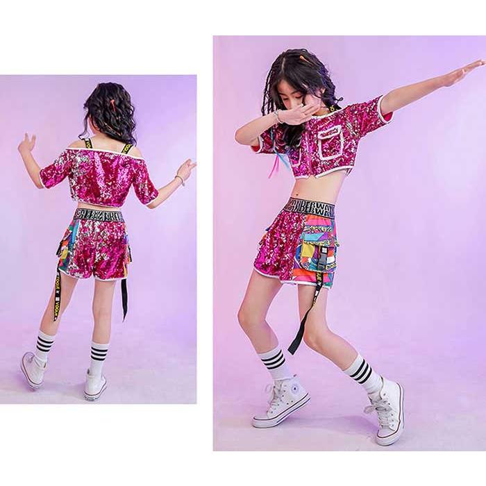 子供服 ダンス衣装 キッズ 女の子 上下セット ヒップホップ ジャズダンス スパンコール 半袖 肩出し ヘソ出し ショートパンツ キラキラ 舞台衣装 韓国風 可愛い - 画像 (3)