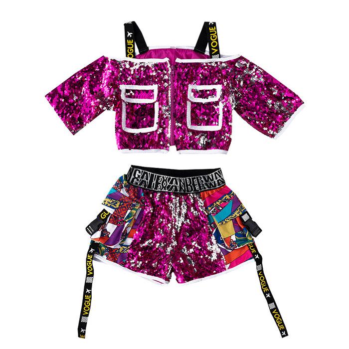 子供服 ダンス衣装 キッズ 女の子 上下セット ヒップホップ ジャズダンス スパンコール 半袖 肩出し ヘソ出し ショートパンツ キラキラ 舞台衣装 韓国風 可愛い - 画像 (4)