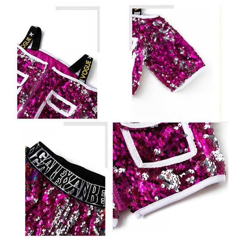 子供服 ダンス衣装 キッズ 女の子 上下セット ヒップホップ ジャズダンス スパンコール 半袖 肩出し ヘソ出し ショートパンツ キラキラ 舞台衣装 韓国風 可愛い - 画像 (5)