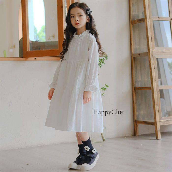 子供 ワンピース 女の子 シンプル 白ワンピース ドレス カジュアル キッズドレス 長袖 春秋 子供服 喪服 法事 礼服 120 130 140 150 160cm 子ども フォーマル 結 - 画像 (4)
