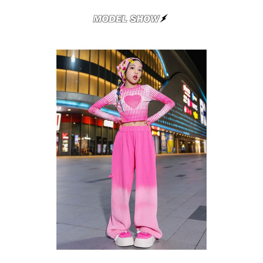 ハート柄 ストライプ ガールズ セットアップ ダンス ピンク 衣装 女の子 へそ出し トップス 肩出し k-pop ジャズ タイダイパンツ ゆったり 長袖 ヒップホップ ス