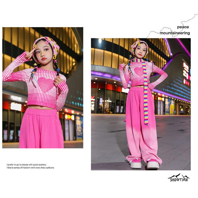 ハート柄 ストライプ ガールズ セットアップ ダンス ピンク 衣装 女の子 へそ出し トップス 肩出し k-pop ジャズ タイダイパンツ ゆったり 長袖 ヒップホップ ス - 画像 (2)