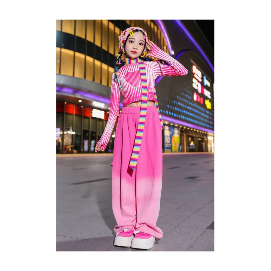 ハート柄 ストライプ ガールズ セットアップ ダンス ピンク 衣装 女の子 へそ出し トップス 肩出し k-pop ジャズ タイダイパンツ ゆったり 長袖 ヒップホップ ス - 画像 (4)