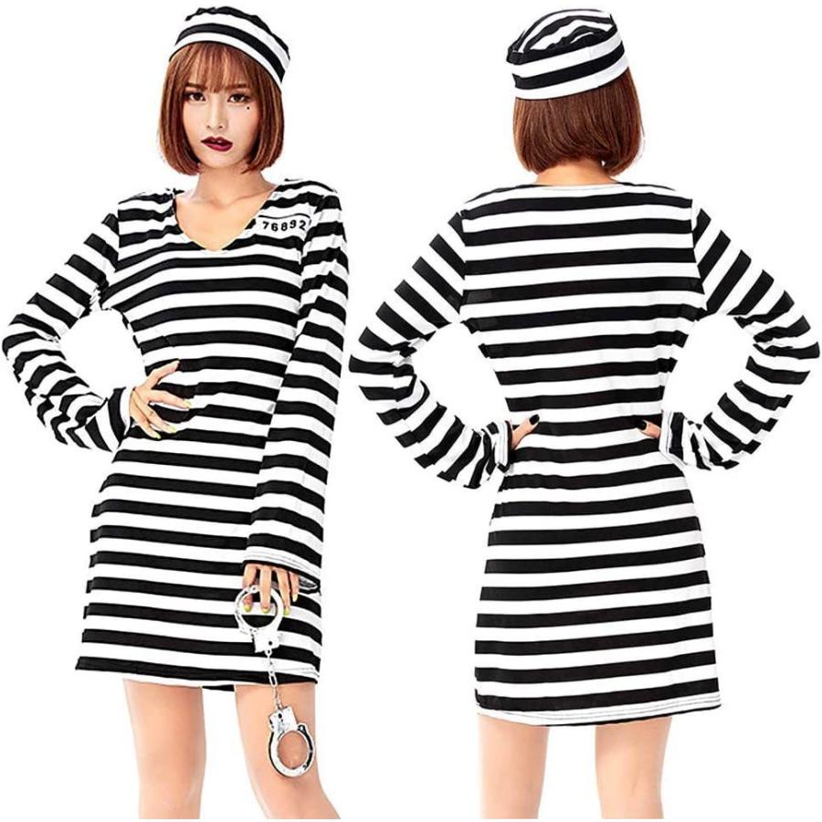 [セール」囚人服 ハロウィン コスチューム 囚人 仮装 コスプレ 手錠 セット メンズ 白黒 ボーダー 長袖 送料無料 - 画像 (2)