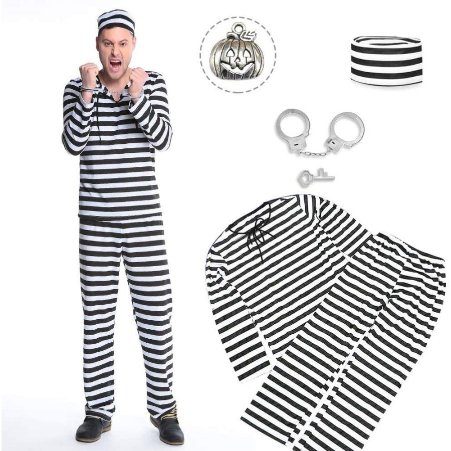 [セール」囚人服 ハロウィン コスチューム 囚人 仮装 コスプレ 手錠 セット メンズ 白黒 ボーダー 長袖 送料無料 - 画像 (6)