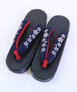 刺繍入り 桐下駄 [NV02] 黒台 鼻緒 紺 ネイビー 桐 下駄 ゆかた下駄 刺繍 ちりめん 縮緬 浴衣 ゆかた レディース フリーサイズ  婦人下駄