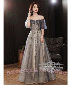 カラードレス カクテルドレス ロングドレス パーティードレス 発表会 演奏会 ステージ 袖付き イブニングドレス C&J グレー シルバー ラメ キラキラ 上品