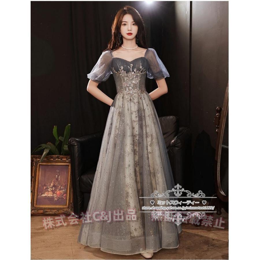 カラードレス カクテルドレス ロングドレス パーティードレス 発表会 演奏会 ステージ 袖付き イブニングドレス C&J グレー シルバー ラメ キラキラ 上品 - 画像 (4)