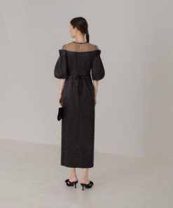 レジャ Leja ドットストーンパフスリーブスリットIラインドレス美脚効果結婚式 パーティードレス 成人式 20代 30代 40代 （BLACK）