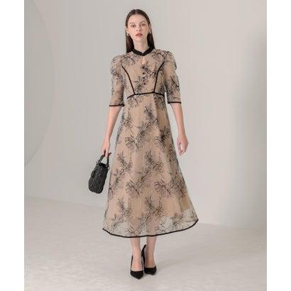 レジャ Leja 配色パピングプチハイネック花柄刺繍ラメレースロング丈ドレスワンピース美脚効果結婚式 パーティードレス 20代 30代 40代(BEI