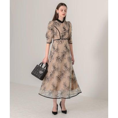 レジャ Leja 配色パピングプチハイネック花柄刺繍ラメレースロング丈ドレスワンピース美脚効果結婚式 パーティードレス 20代 30代 40代(BEI - 画像 (2)