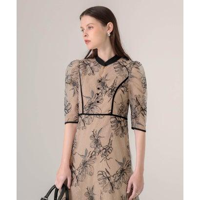 レジャ Leja 配色パピングプチハイネック花柄刺繍ラメレースロング丈ドレスワンピース美脚効果結婚式 パーティードレス 20代 30代 40代(BEI - 画像 (5)