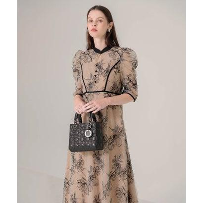 レジャ Leja 配色パピングプチハイネック花柄刺繍ラメレースロング丈ドレスワンピース美脚効果結婚式 パーティードレス 20代 30代 40代(BEI - 画像 (6)