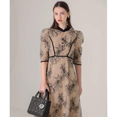 レジャ Leja 配色パピングプチハイネック花柄刺繍ラメレースロング丈ドレスワンピース美脚効果結婚式 パーティードレス 20代 30代 40代(BEI - 画像 (8)