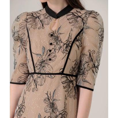 レジャ Leja 配色パピングプチハイネック花柄刺繍ラメレースロング丈ドレスワンピース美脚効果結婚式 パーティードレス 20代 30代 40代(BEI - 画像 (9)