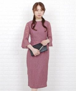 レースレディース Lace Ladies 花柄総レースミモレ丈シンプルパーティドレス・ワンピース （パープル）