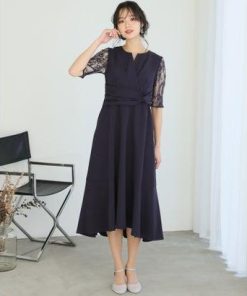 PourVous プールヴー 結婚式ワンピースドレスマーメイドレースミモレ丈&七分袖大きいサイズフォーマル パーティードレス 20代 30代 40代