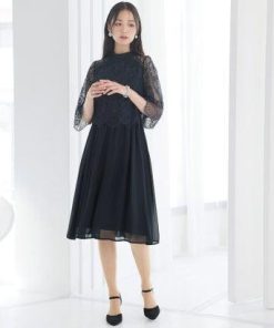 PourVous プールヴー ミニ丈&七分袖フォーマルエアリーシフォン結婚式ワンピースドレス パーティードレス 20代 30代 40代 （ネイビー）