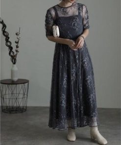 PourVous プールヴー 袖あり&ミモレ丈パーティードレスギャザースリーブ大きいサイズ結婚式フォーマル ワンピース 20代 30代 40代 （ダー