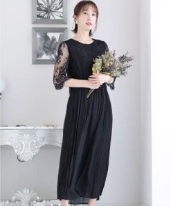 PourVous プールヴー ミモレ丈&七分袖フォーマルサイドプリーツ大きいサイズ結婚式パーティードレス ワンピース 20代 30代 40代 （ブラッ