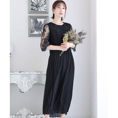 PourVous プールヴー ミモレ丈&七分袖フォーマルサイドプリーツ大きいサイズ結婚式パーティードレス ワンピース 20代 30代 40代 (ブラッ