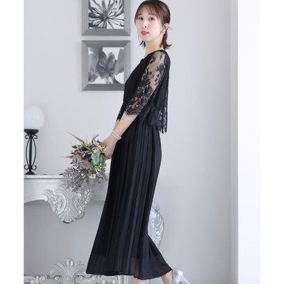 PourVous プールヴー ミモレ丈&七分袖フォーマルサイドプリーツ大きいサイズ結婚式パーティードレス ワンピース 20代 30代 40代 (ブラッ - 画像 (2)