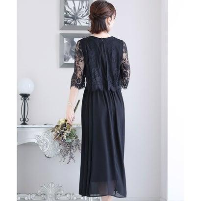 PourVous プールヴー ミモレ丈&七分袖フォーマルサイドプリーツ大きいサイズ結婚式パーティードレス ワンピース 20代 30代 40代 (ブラッ - 画像 (3)