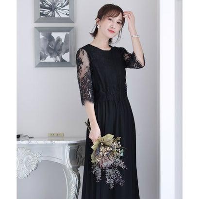 PourVous プールヴー ミモレ丈&七分袖フォーマルサイドプリーツ大きいサイズ結婚式パーティードレス ワンピース 20代 30代 40代 (ブラッ - 画像 (4)