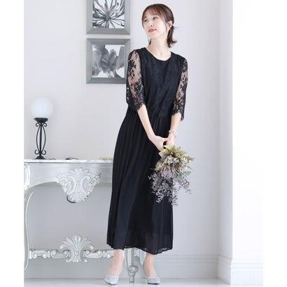 PourVous プールヴー ミモレ丈&七分袖フォーマルサイドプリーツ大きいサイズ結婚式パーティードレス ワンピース 20代 30代 40代 (ブラッ - 画像 (5)