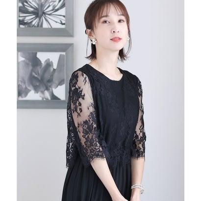 PourVous プールヴー ミモレ丈&七分袖フォーマルサイドプリーツ大きいサイズ結婚式パーティードレス ワンピース 20代 30代 40代 (ブラッ - 画像 (6)