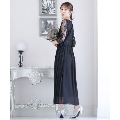 PourVous プールヴー ミモレ丈&七分袖フォーマルサイドプリーツ大きいサイズ結婚式パーティードレス ワンピース 20代 30代 40代 (ブラッ - 画像 (7)