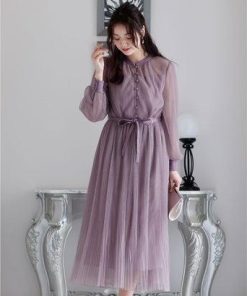 PourVous プールヴー 結婚式パーティードレスミモレ丈と袖ありクリスタルプリーツ大きいサイズフォーマル ワンピース 20代 30代 40代 (パ