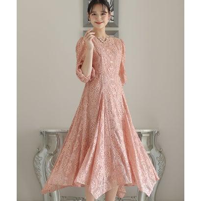 PourVous プールヴー 刺繍リボン付きパーティードレスセレモニーロング&七分袖結婚式フォーマル ワンピース 20代 30代 40代 (ピンク)